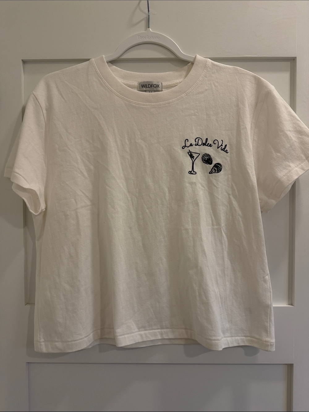 Wildfox White Snow Tee with Navy 'La Dolce Vita' Embroidery